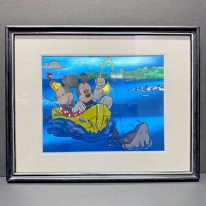 1980s Walt Disney Metallic Postcard Mickey Mouse Minnie Mouse Fishing for Shark